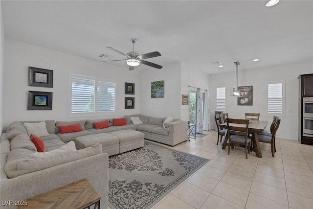 10181 Mount Harlow Ct, Las Vegas, NV 89141 - living area featuring plenty of natural light, light tile patterned floors, a ceiling fan, and recessed lighting