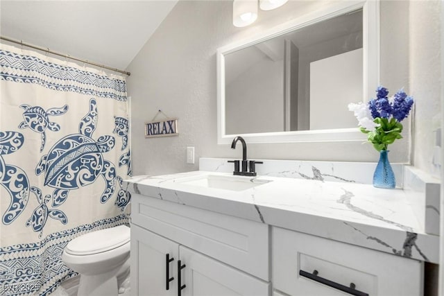 7135 Polaris Ave, Las Vegas, NV 89118 - bathroom featuring lofted ceiling, vanity, a shower with shower curtain, and a textured wall