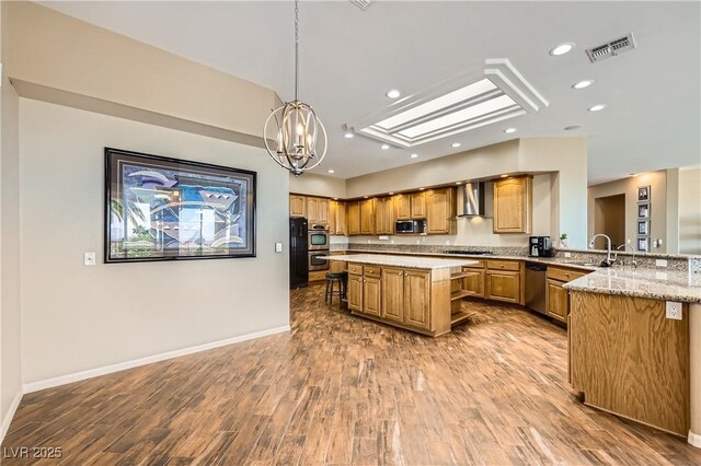 1637 Wellington Springs Ave, Henderson, NV 89052 - kitchen featuring wall chimney exhaust hood, wood finished floors, stainless steel appliances, a chandelier, and open shelves