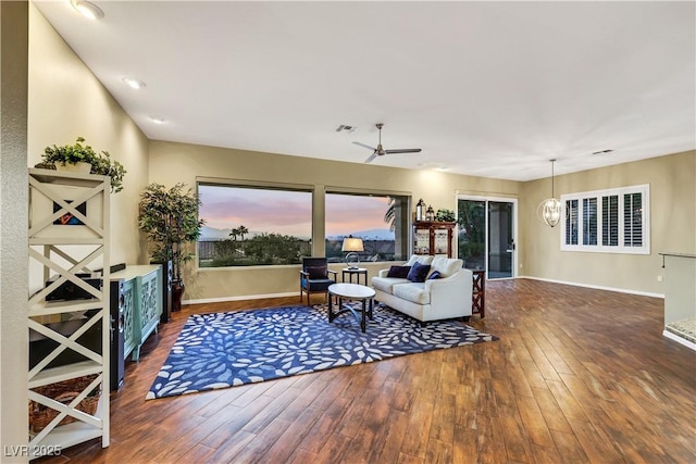 1637 Wellington Springs Ave, Henderson, NV 89052 - living area featuring wood finished floors, a ceiling fan, and recessed lighting