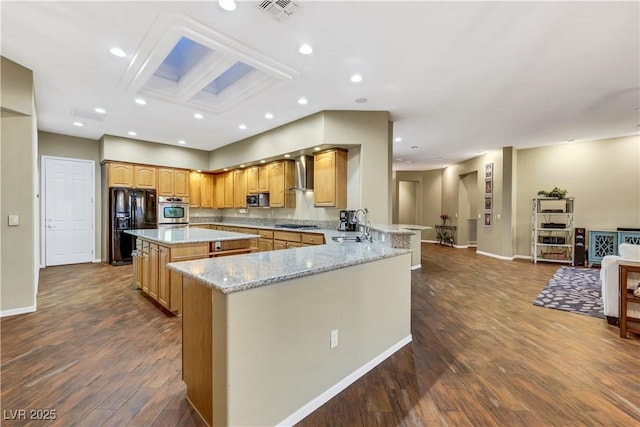 1637 Wellington Springs Ave, Henderson, NV 89052 - kitchen featuring stainless steel appliances, wall chimney range hood, dark wood-style floors, coffered ceiling, and a center island