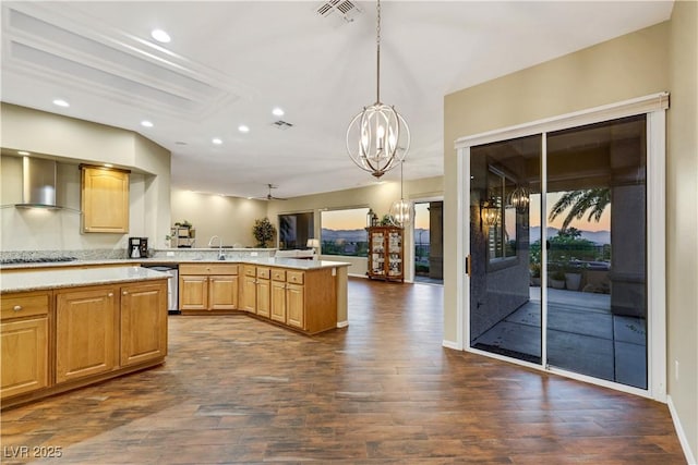 1637 Wellington Springs Ave, Henderson, NV 89052 - kitchen featuring a chandelier, recessed lighting, open floor plan, dark wood finished floors, and a peninsula