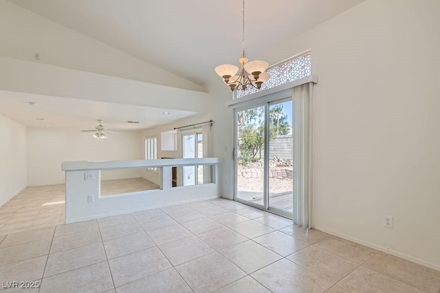 1547 Balsam Mist Ave, Las Vegas, NV 89183 - spare room with a chandelier, light tile patterned floors, a ceiling fan, and vaulted ceiling