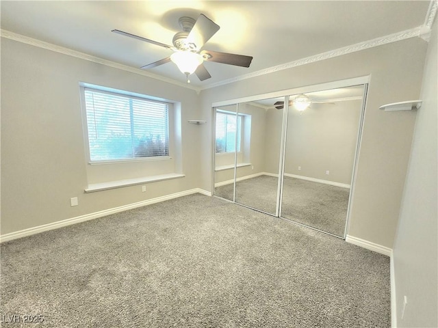 8220 Desert Beach Dr, Las Vegas, NV 89128 - unfurnished bedroom with carpet flooring, crown molding, a closet, and ceiling fan