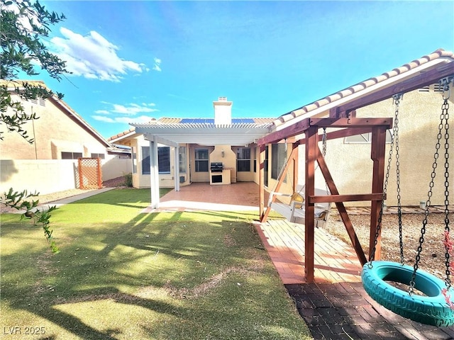 8220 Desert Beach Dr, Las Vegas, NV 89128 - back of property featuring a chimney, a pergola, stucco siding, a tile roof, and a patio