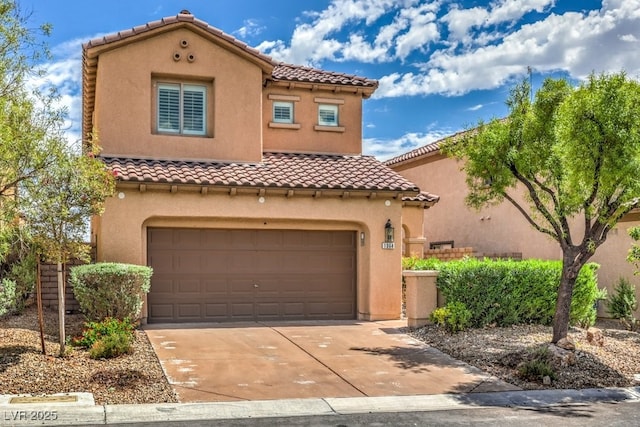 1064 Calvia St, Las Vegas, NV 89138 - mediterranean / spanish-style home with a tile roof, driveway, stucco siding, and an attached garage