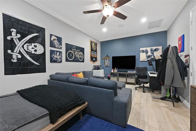 5801 Exbury Gardens Ct, Las Vegas, NV 89118 - living area featuring a ceiling fan, wood finished floors, recessed lighting, and crown molding