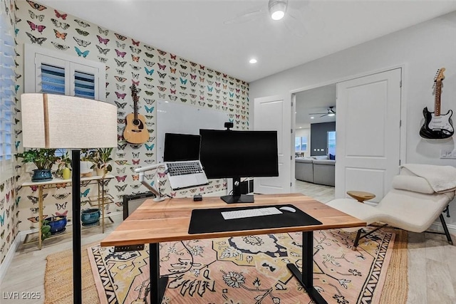 5801 Exbury Gardens Ct, Las Vegas, NV 89118 - office area with ceiling fan, wood finished floors, recessed lighting, and wallpapered walls