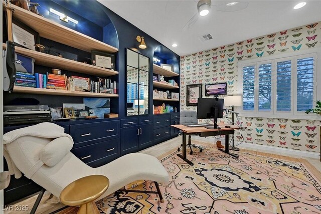 5801 Exbury Gardens Ct, Las Vegas, NV 89118 - home office featuring wallpapered walls, ceiling fan, and recessed lighting