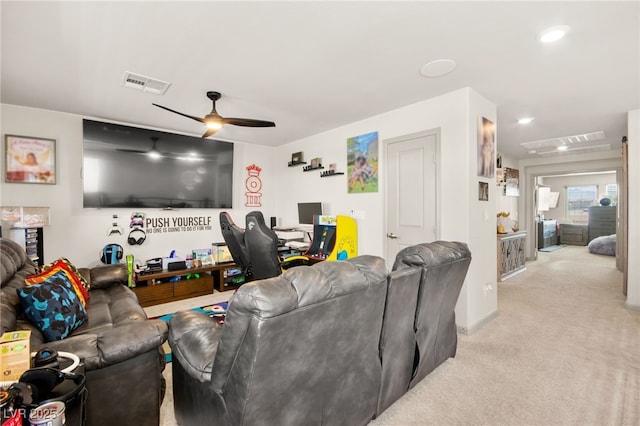 8955 Ruby Moon Dr, Las Vegas, NV 89139 - living room featuring light colored carpet, ceiling fan, a desk, and recessed lighting