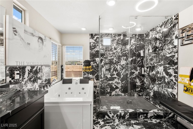 8955 Ruby Moon Dr, Las Vegas, NV 89139 - full bathroom featuring a shower stall, marble look tile flooring, a whirlpool tub, vanity, and recessed lighting