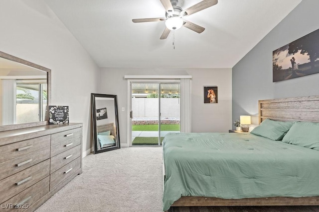 5108 Molveno Ct, Las Vegas, NV 89130 - bedroom featuring access to exterior, carpet flooring, lofted ceiling, and a ceiling fan