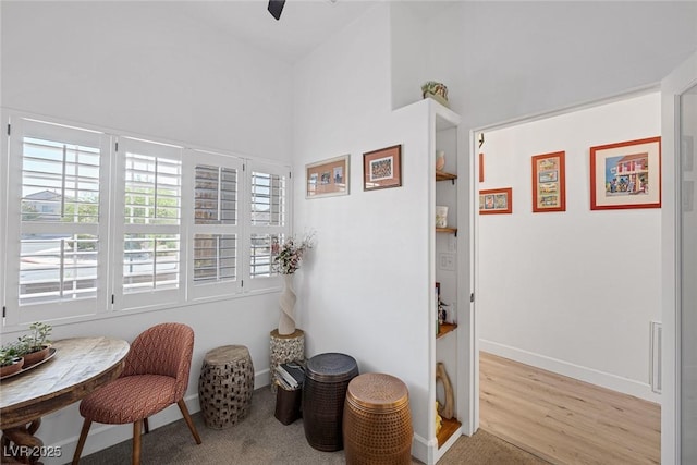 1246 Diamond Valley St, Henderson, NV 89052 - sitting room featuring a ceiling fan, wood finished floors, and high vaulted ceiling