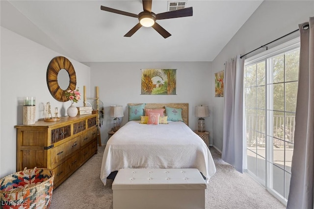 1246 Diamond Valley St, Henderson, NV 89052 - bedroom with light colored carpet, access to exterior, lofted ceiling, and ceiling fan