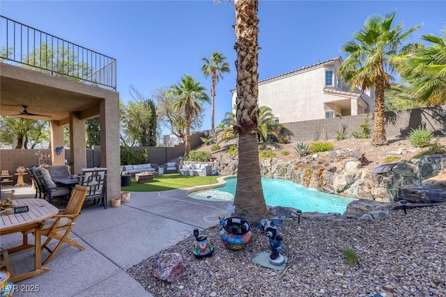 1246 Diamond Valley St, Henderson, NV 89052 - patio / terrace featuring an outdoor hangout area, a fenced backyard, a patio area, and a ceiling fan
