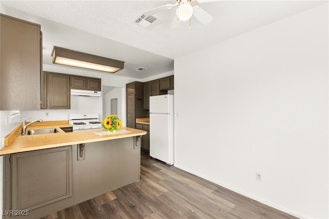 1405 Wintergreen Dr, Las Vegas, NV 89128 - kitchen with white appliances, dark wood-type flooring, under cabinet range hood, and a peninsula