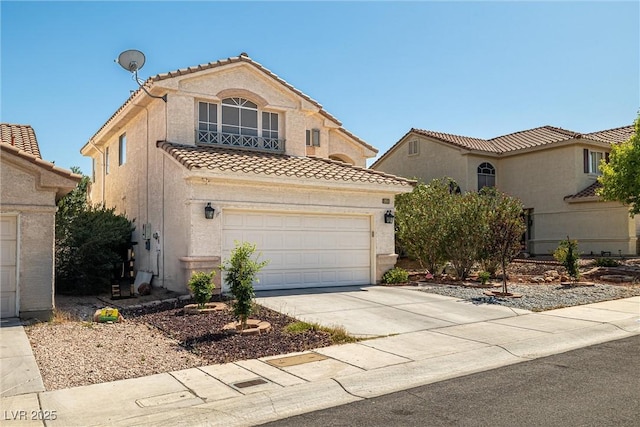 9105 Chenin Ave, Las Vegas, NV 89129 - mediterranean / spanish house with a tiled roof, stucco siding, a garage, and concrete driveway