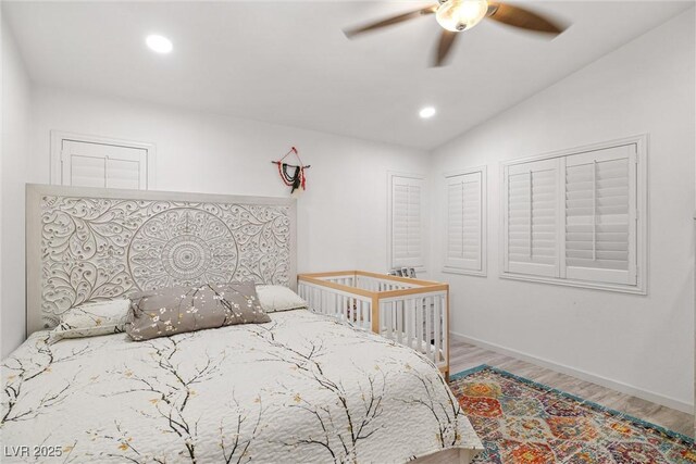 9105 Chenin Ave, Las Vegas, NV 89129 - bedroom with lofted ceiling, wood finished floors, recessed lighting, and a ceiling fan