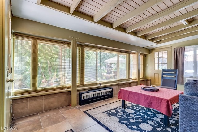 3877 Platis Cir, Las Vegas, NV 89103 - interior space with heating unit, tile patterned floors, and a wooden ceiling with exposed beams