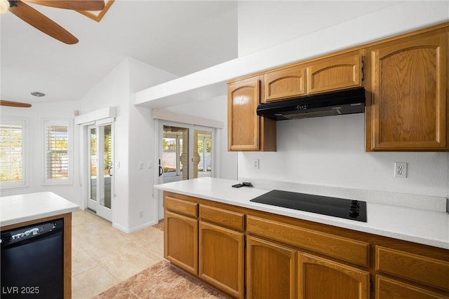 170 Dove St, Pahrump, NV 89060 - kitchen featuring black appliances, under cabinet range hood, a ceiling fan, and light countertops