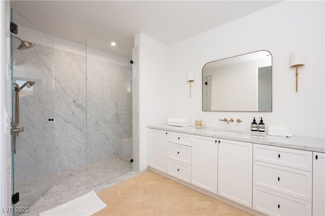 68 Sun Glow Ln, Las Vegas, NV 89135 - full bathroom with a marble finish shower, vanity, and recessed lighting