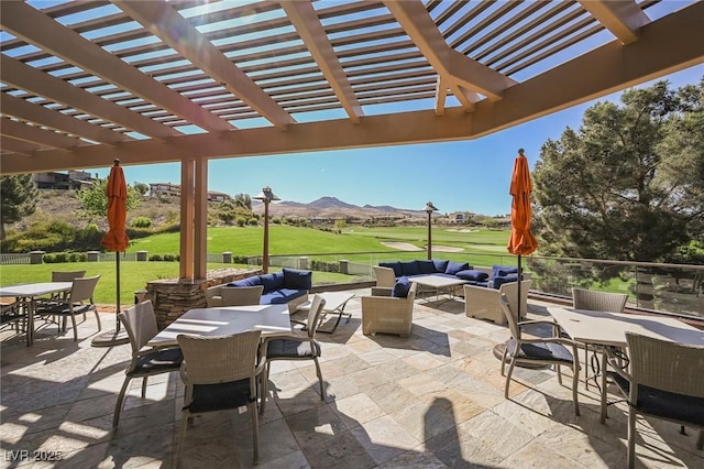 15 Emerald Dunes Cir, Henderson, NV 89052 - view of patio with outdoor dining area, an outdoor living space, a mountain view, and a pergola