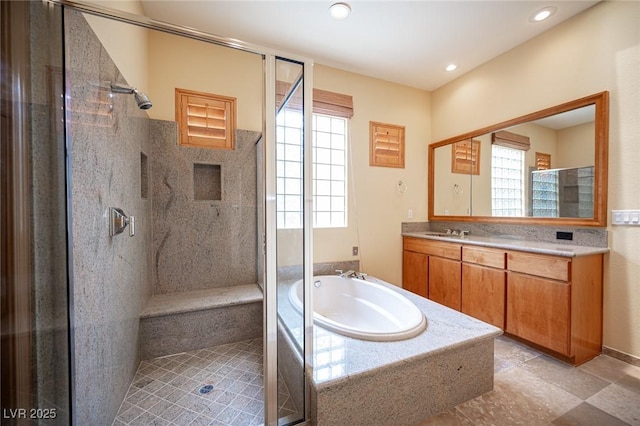15 Emerald Dunes Cir, Henderson, NV 89052 - full bathroom featuring a shower stall, a bath, vanity, and recessed lighting