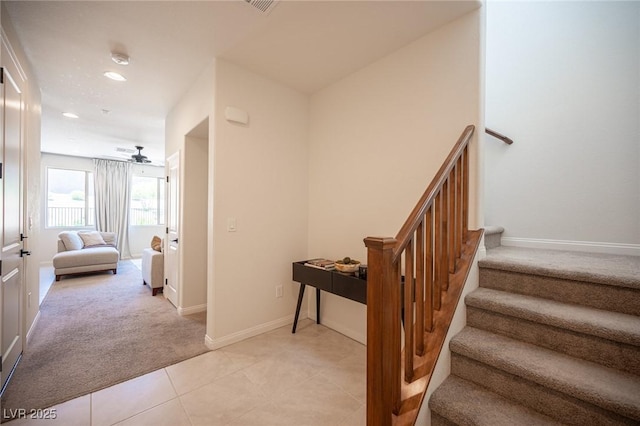 9451 Lunar Ray St, Las Vegas, NV 89143 - stairs with carpet, ceiling fan, recessed lighting, and tile patterned flooring