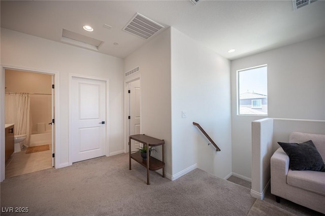 9451 Lunar Ray St, Las Vegas, NV 89143 - corridor with attic access, an upstairs landing, carpet flooring, and recessed lighting