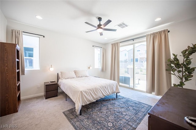 9451 Lunar Ray St, Las Vegas, NV 89143 - bedroom featuring access to exterior, carpet, a ceiling fan, and recessed lighting