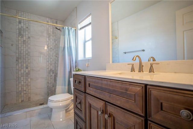 4945 Volcanic Rock Ln, Las Vegas, NV 89122 - bathroom with vanity, a tile shower, and marble finish floors