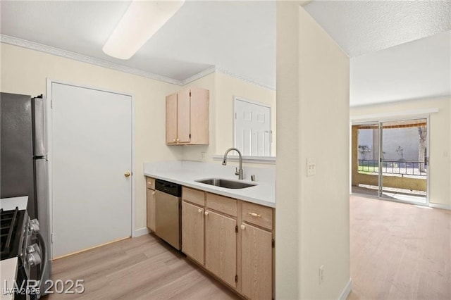 7885 W Flamingo Rd Unit 1131, Las Vegas, NV 89147 - kitchen featuring stainless steel appliances, light wood finished floors, light countertops, light brown cabinets, and crown molding