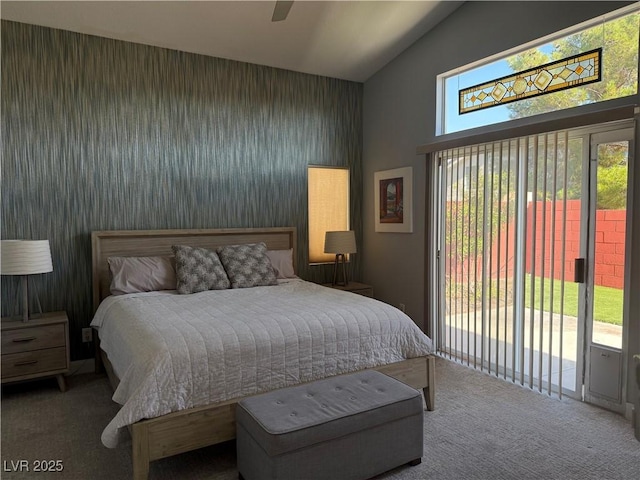 1910 Coyote Pass Way, Henderson, NV 89012 - bedroom featuring carpet, access to outside, high vaulted ceiling, and a ceiling fan