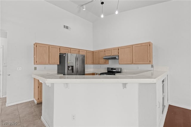920 Serpentina Ave, Las Vegas, NV 89123 - kitchen featuring appliances with stainless steel finishes, a towering ceiling, tile counters, a peninsula, and under cabinet range hood