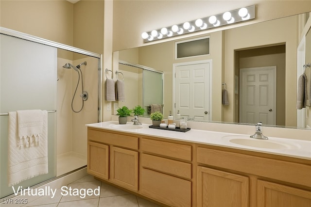 10305 Snyder Ave, Las Vegas, NV 89134 - full bath featuring tile patterned floors, a stall shower, and double vanity