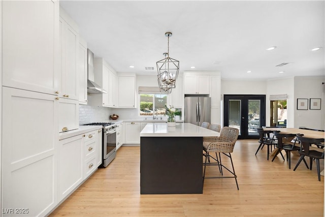 10645 Redwood Grove Ave, Las Vegas, NV 89144 - kitchen featuring appliances with stainless steel finishes, a center island, wall chimney range hood, a kitchen bar, and white cabinets