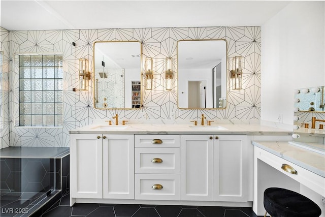 10645 Redwood Grove Ave, Las Vegas, NV 89144 - full bathroom with tile walls, double vanity, and tile patterned flooring