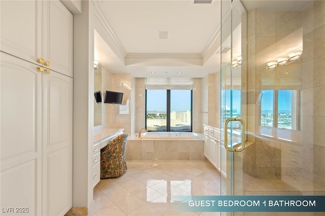 1 Hughes Center Dr Unit 903, Las Vegas, NV 89169 - full bathroom with crown molding, tile patterned floors, a garden tub, a shower stall, and a tray ceiling