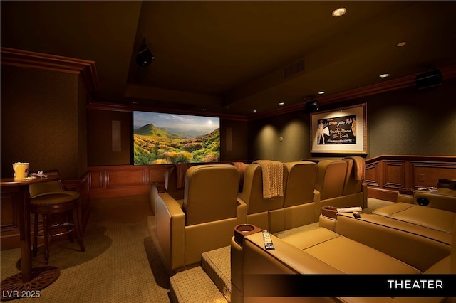 1 Hughes Center Dr Unit 903, Las Vegas, NV 89169 - cinema featuring crown molding, carpet floors, a decorative wall, a wainscoted wall, and recessed lighting