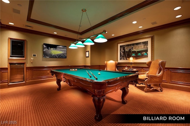 1 Hughes Center Dr Unit 903, Las Vegas, NV 89169 - recreation room with crown molding, carpet flooring, a wainscoted wall, a decorative wall, and recessed lighting