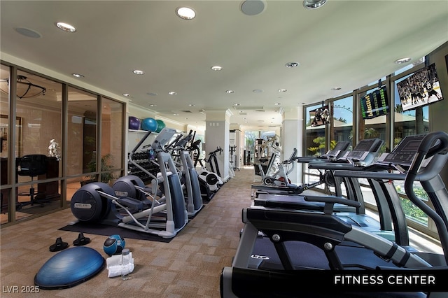1 Hughes Center Dr Unit 903, Las Vegas, NV 89169 - workout area featuring carpet flooring, recessed lighting, and floor to ceiling windows