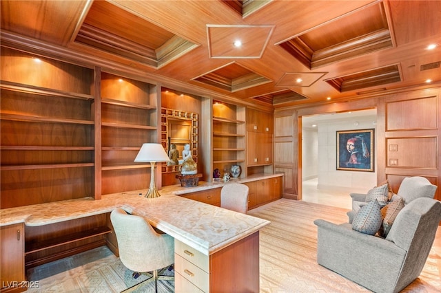 1 Hughes Center Dr Unit 903, Las Vegas, NV 89169 - office space with built in desk, crown molding, a wood ceiling with exposed beams, and coffered ceiling