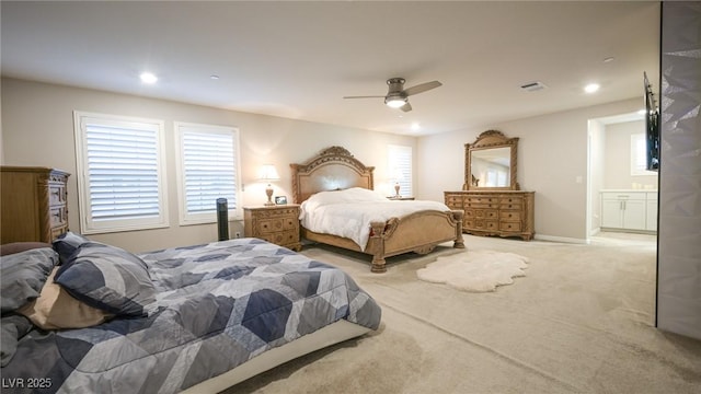2913 Monate Ct, Henderson, NV 89044 - carpeted bedroom featuring multiple windows, ceiling fan, and recessed lighting