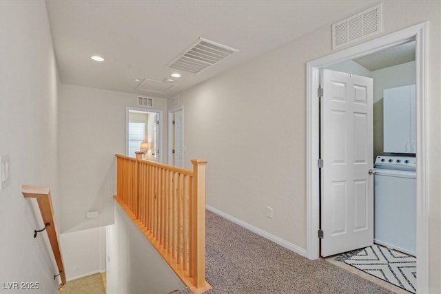 953 Via Del Tramonto St, Henderson, NV 89011 - corridor with an upstairs landing, washer / dryer, carpet floors, and recessed lighting