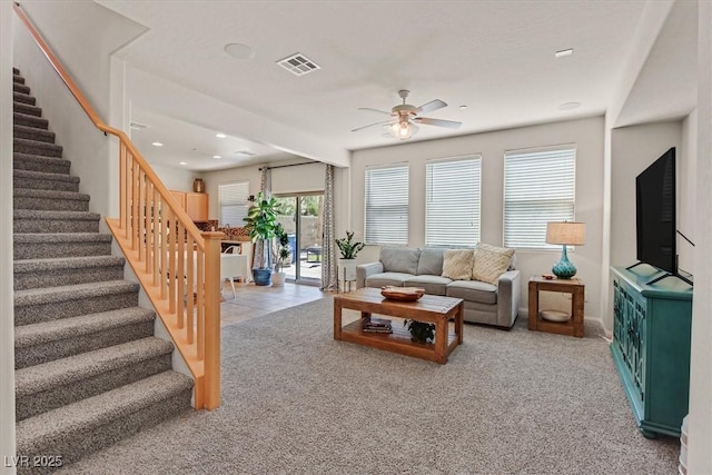 953 Via Del Tramonto St, Henderson, NV 89011 - living area with a ceiling fan, carpet, stairs, and recessed lighting