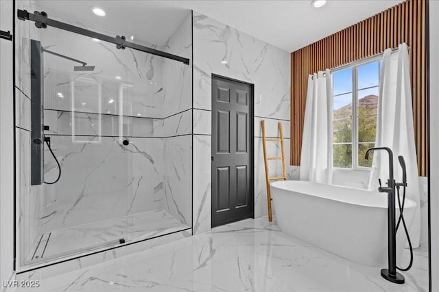 10300 S Dapple Gray Rd, Las Vegas, NV 89178 - bathroom featuring a marble finish shower, a freestanding tub, marble finish floors, and recessed lighting