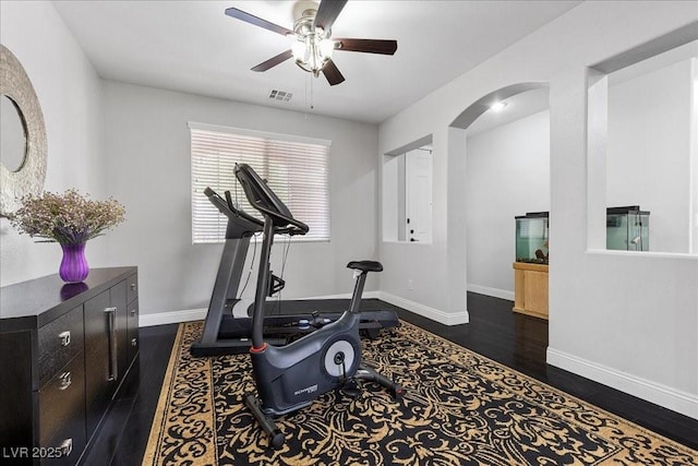 10300 S Dapple Gray Rd, Las Vegas, NV 89178 - exercise room with ceiling fan, wood finished floors, and arched walkways