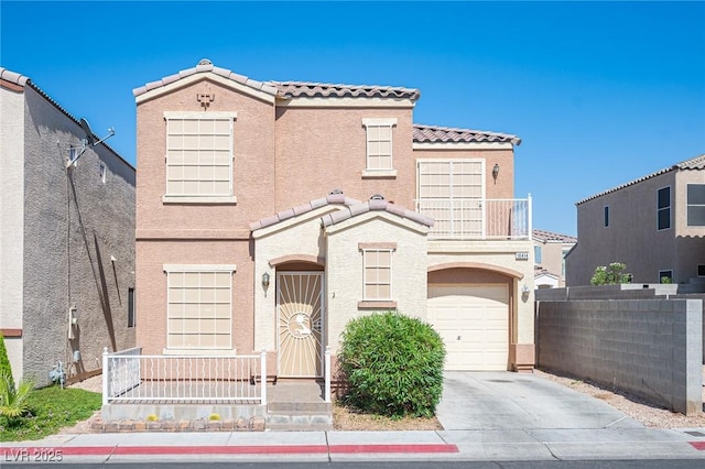 10414 Midseason Mist St, Las Vegas, NV 89183 - view of front of property with a tile roof, a balcony, an attached garage, stucco siding, and concrete driveway