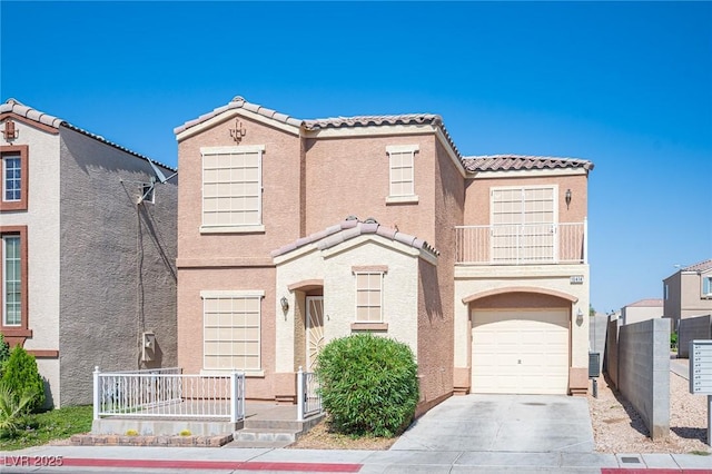 10414 Midseason Mist St, Las Vegas, NV 89183 - view of front facade featuring a balcony, a tile roof, stucco siding, driveway, and a garage