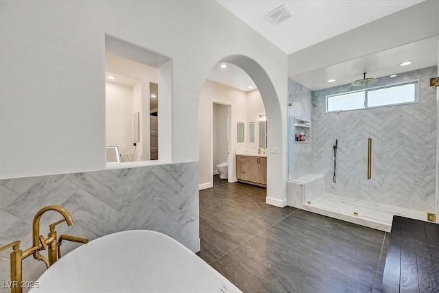 11906 Port Labelle Dr, Las Vegas, NV 89141 - full bath featuring vanity, walk in shower, a freestanding bath, and recessed lighting